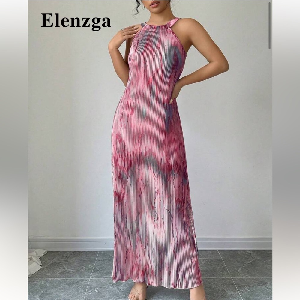 Pink and Blue Halter Maxi Dress